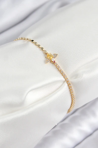 Pirinç Zirkon Taşlı Arı Model Ezme Zincir Gold Renk Kadın Bileklik - TJ-BB7595 ürün görseli 1