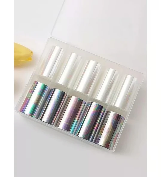 10lu Tırnak Süsleme Folyosu Şeffaf ve Koyu Holografik Dizayn Nail Art Transfer Folyo WNF-045 ürün görseli 1