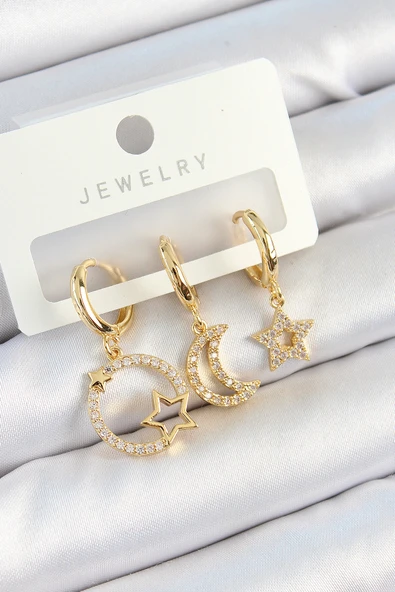 Pirinç Zirkon Taşlı Yıldız Ve Ay Model Gold Renk 3'lü Çift Kadın Küpe Set - TJ-BKP10819 ürün görseli 1