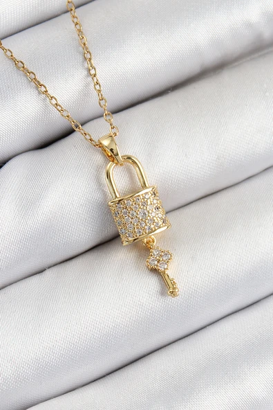 316L Çelik Zirkon Taşlı Kilit Ve Sallantılı Anahtar Model Gold Renk Kadın Kolye - TJ-BKO10353 ürün görseli 1