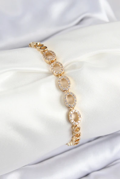 Pirinç Zirkon Taşlı Oval Model Gold Renk Kadın Bileklik - TJ-BB7543 ürün görseli 1