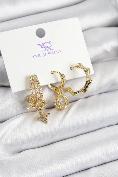 Pirinç Zİrkon Taşlı Sallantılı Yıldız Model Gold Renk 3'lü Kadın Küpe - TJ-BKP10938 ürün görseli 1