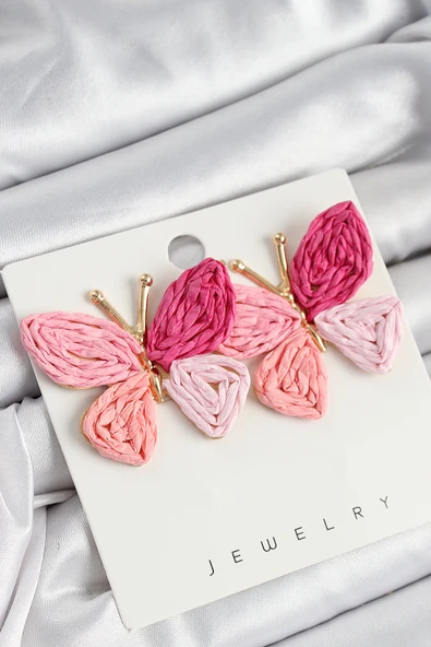 Pirinç Pembe Kelebek Model Gold Renk Kadın Hasır Küpe - TJ-BKP10893 ürün görseli 1