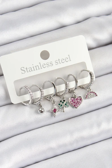 Pirinç Zirkon Taşlı Karpuz Yonca Kalp Pusula Karışık Model Gümüş Renk 6'lı Set Kadın Küpe - TJ-BKP10757 ürün görseli 1