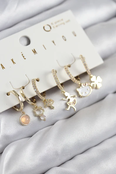 Pirinç Zirkon Taşlı Hello Kity Ve Yonca Model Gold Renk 6'lı Küpe Set - TJ-BKP11206 ürün görseli 1