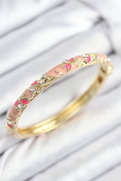 Mineli Pirinç Zirkon Taşlı Pembe Çiçek Motifli Gold Kadın Kelepçe - TJ-BB7818 ürün görseli 1