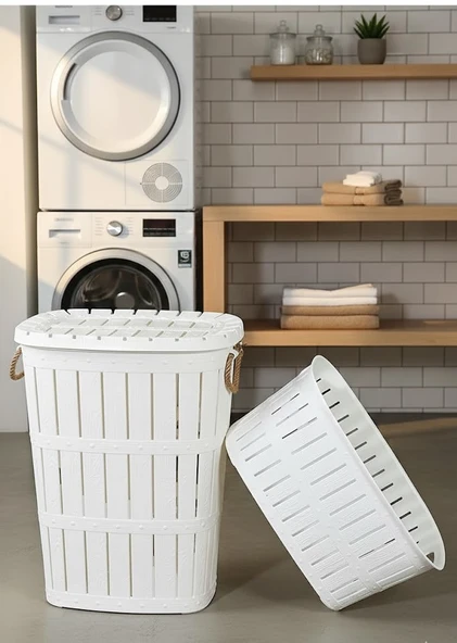 Bambu Görünümlü Halatlı Kirli Çamaşır Sepeti ve Çamaşır Selesi Seti 62 Lt + 40 Lt - Beyaz ürün görseli 1