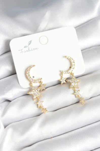 Ay ve Yıldız Model Gold Renk Pirinç Kadın Küpe - TJ-BKP11295 ürün görseli 1