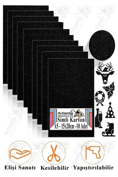 Siyah Simli Karton A5 15x20 cm 10 lu 1 Paket Simli Fon Kartonu Parıltılı Kağıt Anasınıfı Kreş Etkinlik Proje ürün görseli 1
