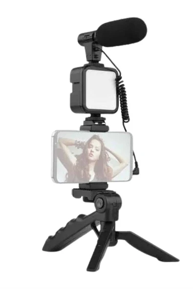 Tripod Telefon Tutucu Kumandalı Mikrofon Led Işık Vlog Video Kayıt P125617S6935 ürün görseli 1