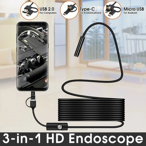 Endoskop 3 in 1 Yılan Kamera USB Micro Usb Type-C 5M Sert Kablo ürün görseli 1