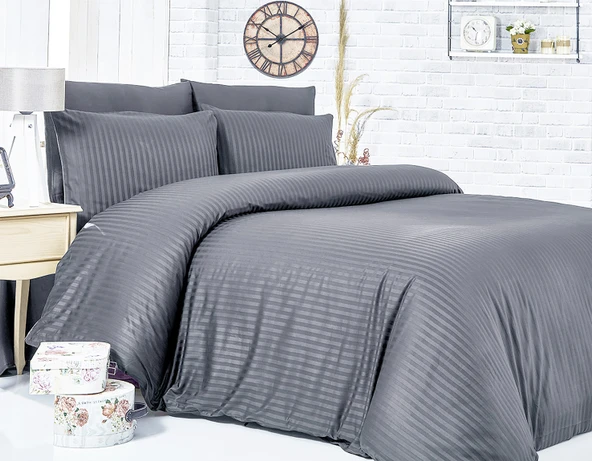 Komfort Home Çizgili Pamuk Saten Yastık Kılıfı (2 Adet) (Antrasit) ürün görseli 1
