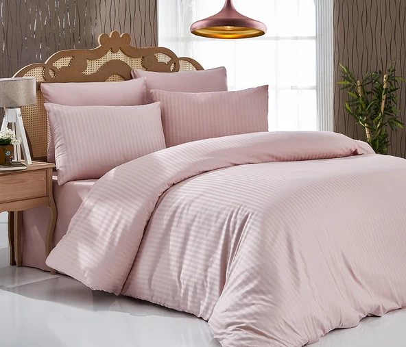 Komfort Home Çift Kişilik Çizgili Pamuk Saten Nevresim Seti (Pudra) ürün görseli 1