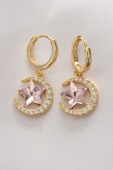 Pirinç Gold Renk Pembe Zirkon Taşlı Yıldız Detay Ay Küpe - TJ-BKP8965 ürün görseli 1