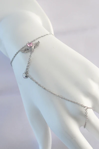 316L Çelik Gümüş Renk Pembe Zirkon Taşlı Kanatlı Kalp Model Şahmeran - TJ-SN584 ürün görseli 1