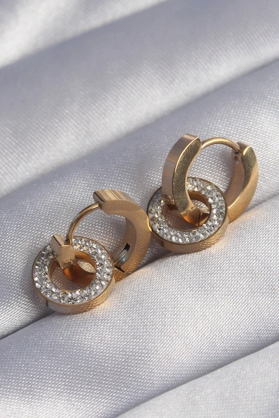 316L Çelik Gold Renk Zirkon Taşlı İç İçe Geçmeli Oval Küpe - TJ-BKP9014 ürün görseli 1