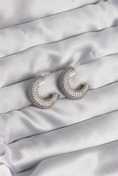 Pirinç Gümüş Renk Zirkon Taşlı Yarım Halka Küpe - TJ-BKP9114 ürün görseli 1