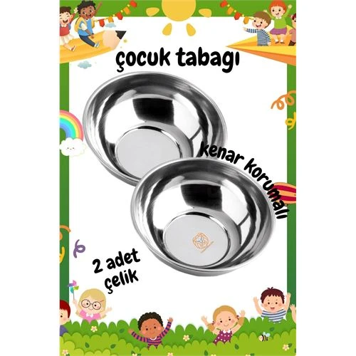 Derin Çocuk Tabağı Güvenli Kenarlı Çelik 2 Adet 16 cm ürün görseli 1