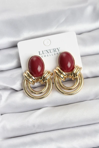 Pirinç Gold Renk Bordo Taşlı Vintage Kadın Küpe - TJ-BKP11356 ürün görseli 1