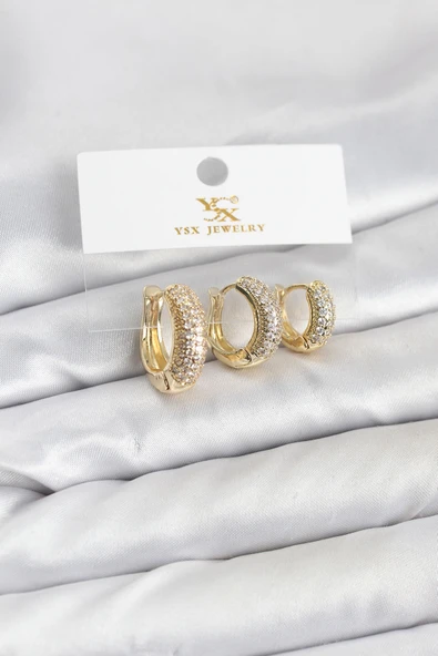 Pirinç Gold Renk Zirkon Taşlı Halka Model YSX Trio Küpe Seti - TJ-BKP11558 ürün görseli 1