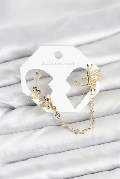 Kelebekli Model Pirinç Gold Renk Zincir Bağlantılı Ear Cuff Küpe Seti - TJ-BKP11544 ürün görseli 1