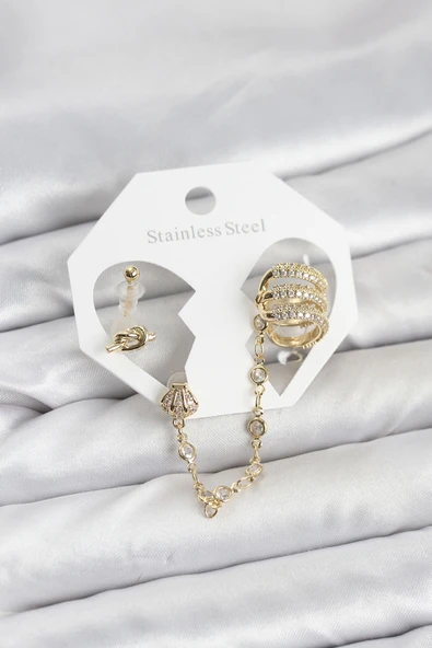 Pirinç Gold Renk Sarmal Model Zincir Bağlantılı Ear Cuff Küpe Seti - TJ-BKP11536 ürün görseli 1