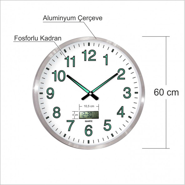 Büyük Dev 60 cm Aluminyum Çerçeveli Fosforlu Dijitalli Termometreli Düz Okunaklı Kadran Duvar Saati ürün görseli 1