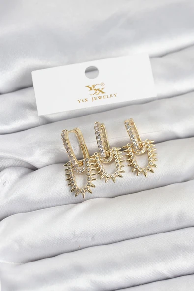 Pirinç Gold Renk Zirkon Taşlı Vintage Model YSX Trio Küpe Seti - TJ-BKP11560 ürün görseli 1
