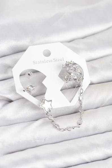 Pirinç Gümüş Renk Yıldız Model Zincir Bağlantılı Ear Cuff Küpe Seti - TJ-BKP11539 ürün görseli 1