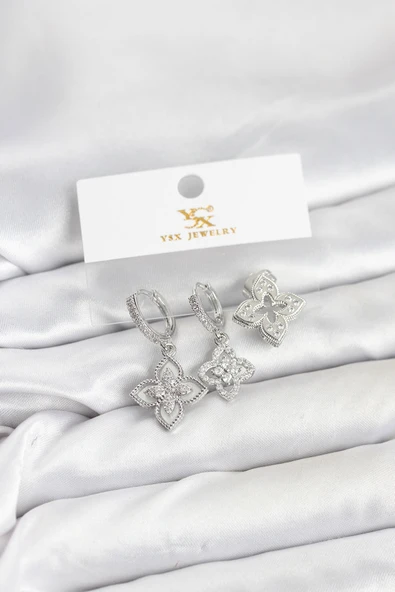Pirinç Gümüş Renk Yonca Model YSX Trio Küpe Seti - TJ-BKP11553 ürün görseli 1
