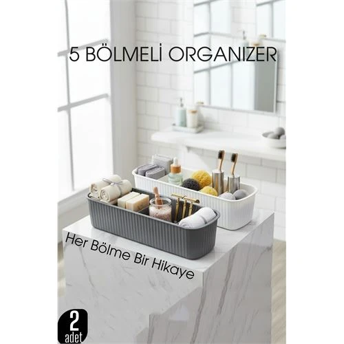 5 Bölmeli Banyo ve Makyaj Organizer Kutusu Gri & Beyaz 2’li Set  Tezgah Üstü Düzenleyici ürün görseli 1