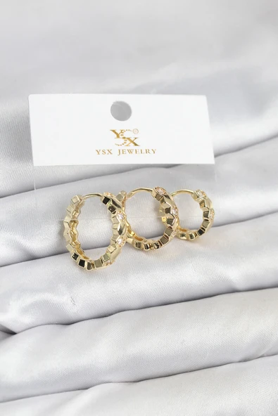Pirinç Gold Renk Zirkon Taşlı Petek Halka Model YSX Trio Küpe Seti - TJ-BKP11566 ürün görseli 1