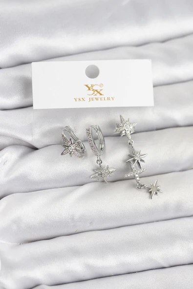 Pirinç Gümüş Renk Zirkon Taşlı Kutup Yıldızı Model YSX Trio Küpe Seti - TJ-BKP11565 ürün görseli 1