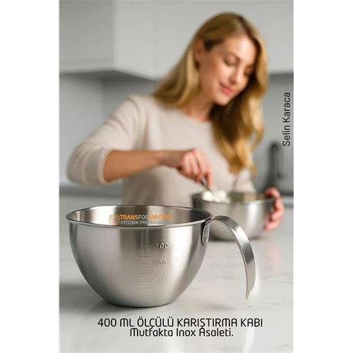 Inox Çelik Profesyonel Ölçülü Karıştırma Kabı - 400 ml Sos & Hazırlık Şefi Serisi ürün görseli 1