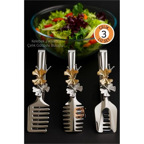 Kelebek Figürlü 3’lü Paslanmaz Çelik Servis Maşası Seti - Salata, Pasta ve Izgara Maşası ürün görseli 1