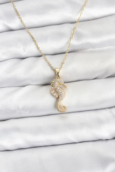 316L Çelik Zincir Gold Renk Deniz Atı Model Zirkon Taşlı Kadın Kolye - TJ-BKO10895 ürün görseli 1