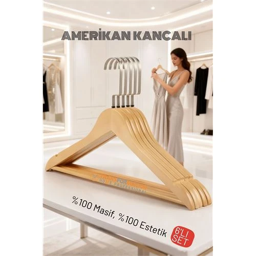 LasVegas Ahşap Elbise Askısı - 6'lı Set, Lüks Amerikan Kancalı Gardırop Düzenleyici ürün görseli 1
