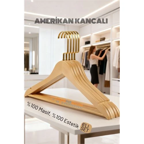 LasVegas Ahşap Elbise Askısı - 6'lı Set, Lüks Amerikan Kancalı Gardırop Düzenleyici ürün görseli 1