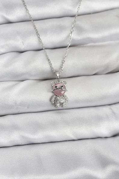 316L Çelik Zincir Gümüş Renk Teddy Bear Model Zirkon Taşlı Kadın Kolye - TJ-BKO10853 ürün görseli 1