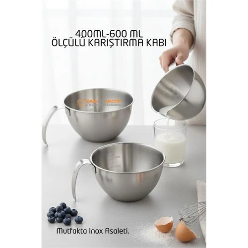 Inox Çelik Profesyonel Ölçülü Karıştırma Kabı Seti -400-600 ml Sos & Hazırlık Şefi Serisi ürün görseli 1