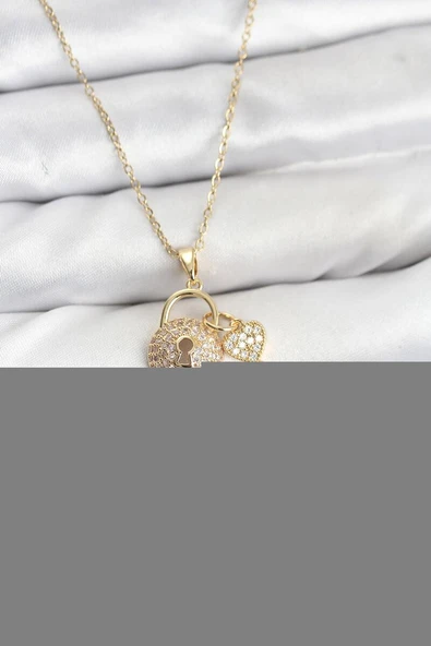 316L Çelik Zincir Gold Renk Kilit Anahtar Model Zirkon Taşlı Kadın Kolye (Vice/1395) ürün görseli 1