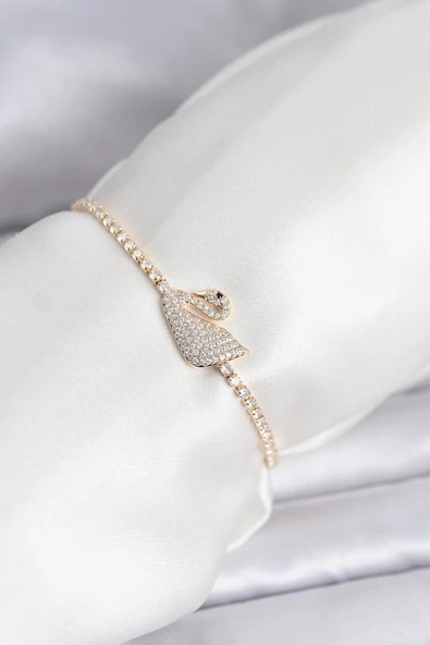 Kuğu Model Zirkon Taşlı Gold Renk Asansörlü Su Yolu Bileklik (Vice/1395) ürün görseli 1