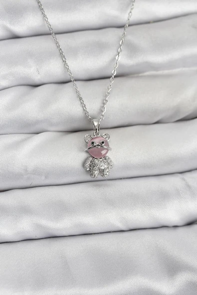 316L Çelik Zincir Gümüş Renk Teddy Bear Model Zirkon Taşlı Kadın Kolye (Vice/1395) ürün görseli 1