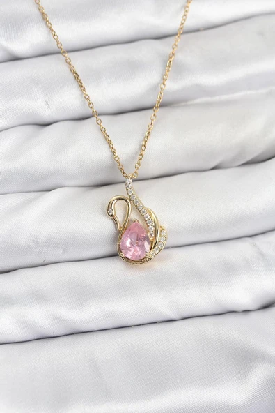 316L Çelik Zincir Gold Renk Pembe Kuğu Model Zirkon Taşlı Kadın Kolye (Vice/1395) ürün görseli 1