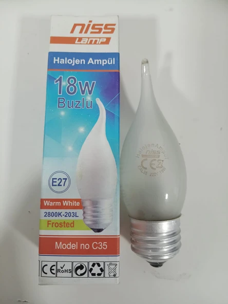 NİSS 18W BUZLU CAMLI, E27 DUYLU, UCU KIVRIK HALOJEN MUM AMPUL, SARI IŞIK ürün görseli 1