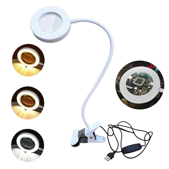 Upway 5X Cam Büyüteçli LED Masa Lambası - 3 Renk Modlu Tamir ve Hobi Lambası ürün görseli 1