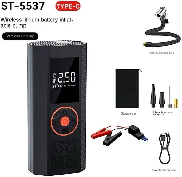 ST 5537 DİJİTAL HAVA KOMPRESÖRÜ VE AKÜ TAKVİYE CİHAZI 12000 MAH OTO LASTİK ŞİŞİRME, LED IŞIK, SOS, TAŞINABİLİR HAVA POMPASI JUMP STARTER