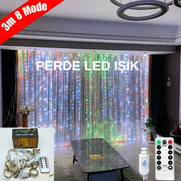 3x3 Metre 305 LED'li 8 Fonksiyonlu Kumandalı Gökkuşağı Perde LED Işık ürün görseli 1