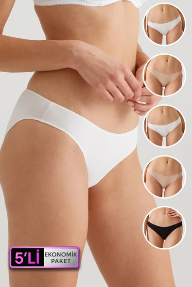 Kadın 5'li Ekonomik Paket Beyaz 2050 No Show Pamuklu Basic Bikini Slip ürün görseli 1
