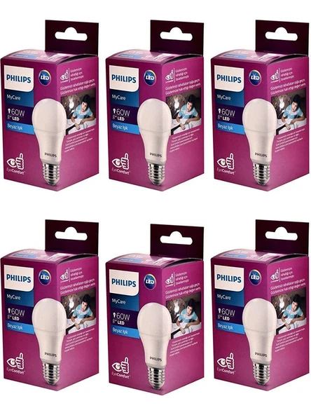 Philips 6 lı Müthiş Tasarruflu Uzun Ömürlü 100 W Gücünde 8W Tüketim Klasik E27 Duylu Led Ampul Lamba ürün görseli 1